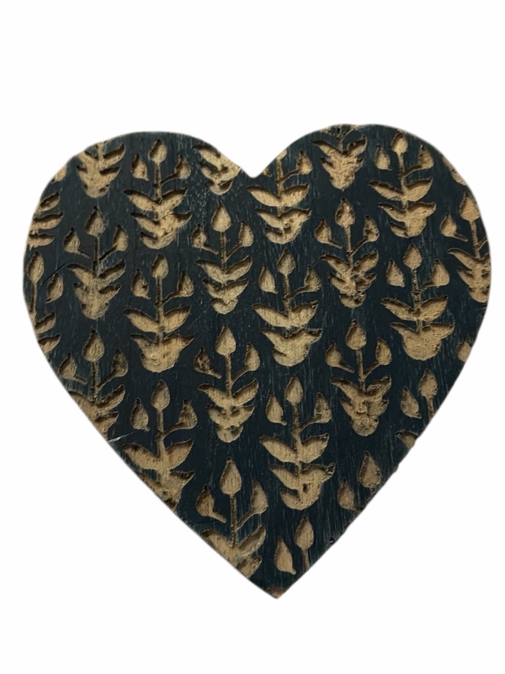 Handcrafted Heart Wood Accent - Black & Natural Carved Floral